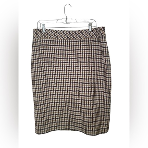 Talbots Wool Blend Houndstooth Mini Skirt Size 14 Brown Black Classic Fall - Picture 2 of 6